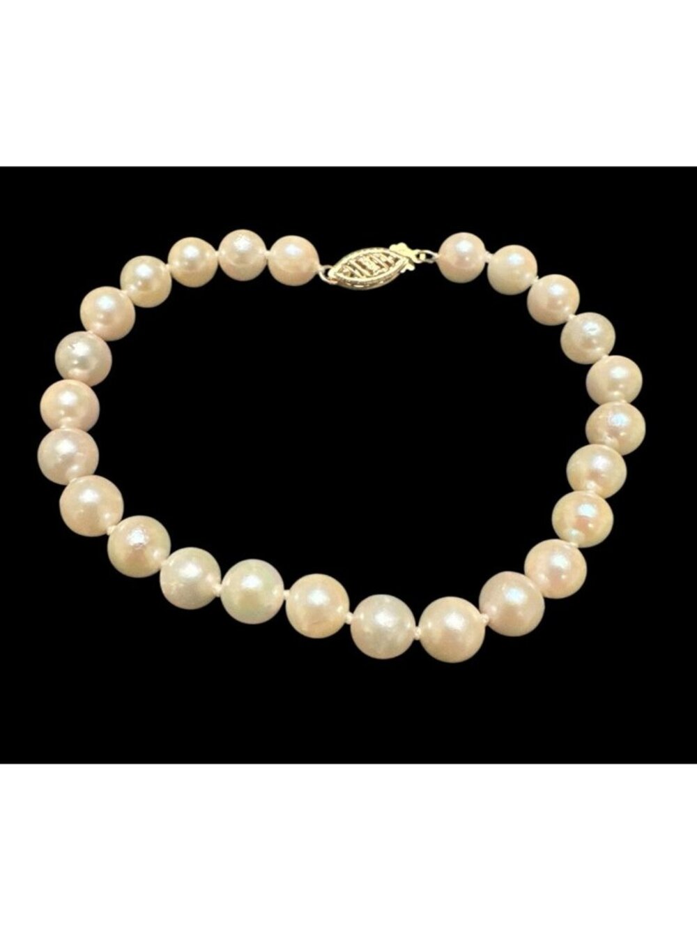 14k Yellow Gold White Cultured 6mm Pearl Bracelet Knotted 7 1/8”